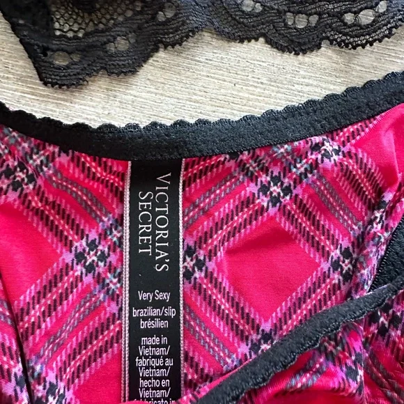 Victoria's Secret Red Plaid and Black Lace Bustier panty set of 3 34d/ medium - Picture 4 of 6